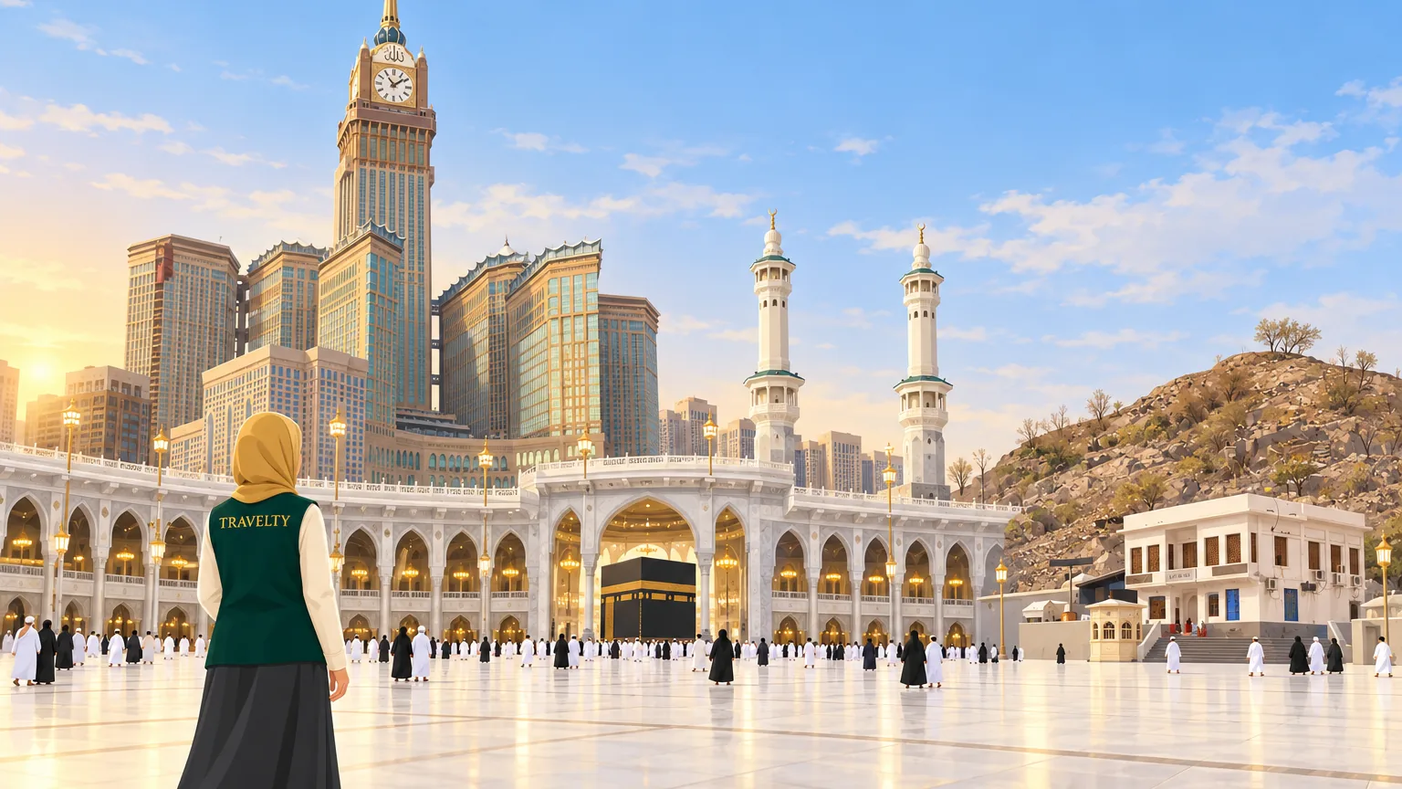 Ilustrasi Masjidil Haram dan Menara Jam dari dataran luar, dengan petugas Travelty bertudung emas dilihat dari belakang.