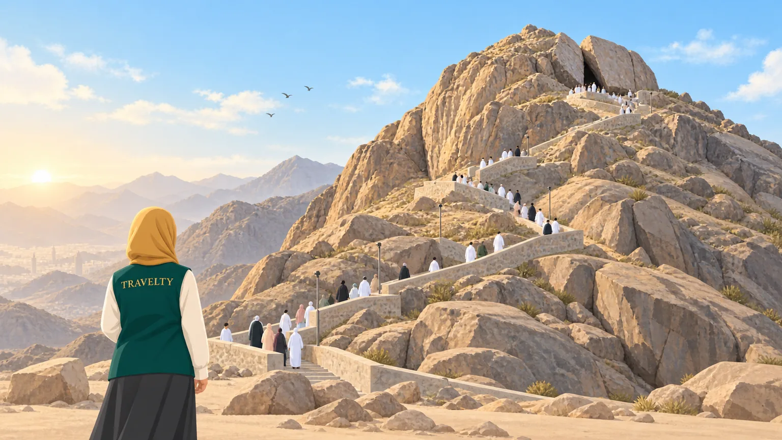 Ilustrasi Jabal Nur dengan tangga mendaki ke Gua Hira.