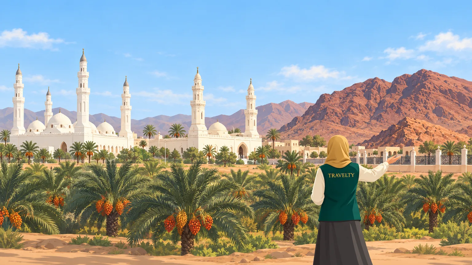 Ilustrasi ziarah luar Madinah: Masjid Quba, Masjid Qiblatain, Jabal Uhud dan kebun kurma.