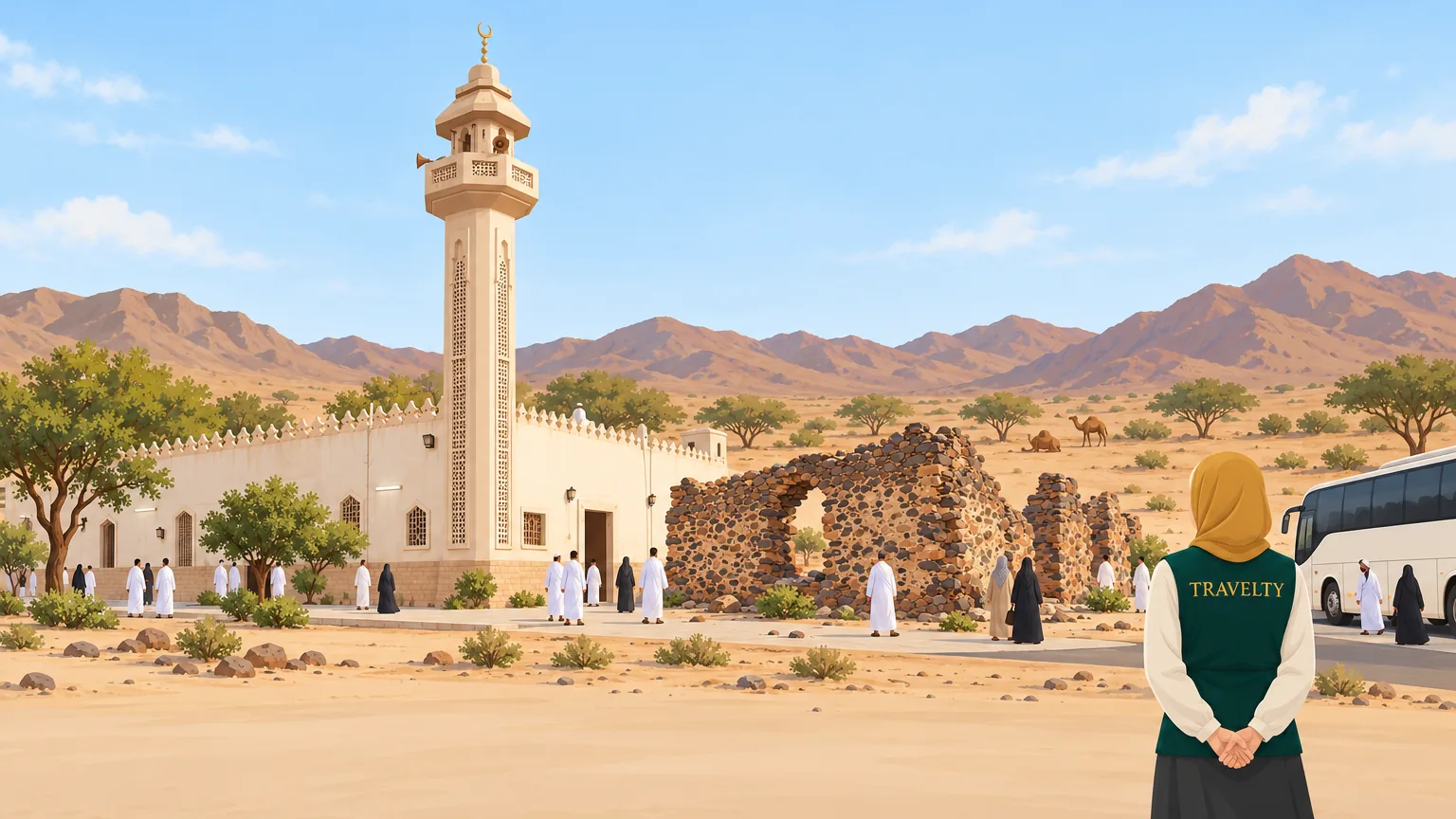 Ilustrasi Masjid Hudaibiah dan runtuhan masjid lama di lembah Hudaibiah.