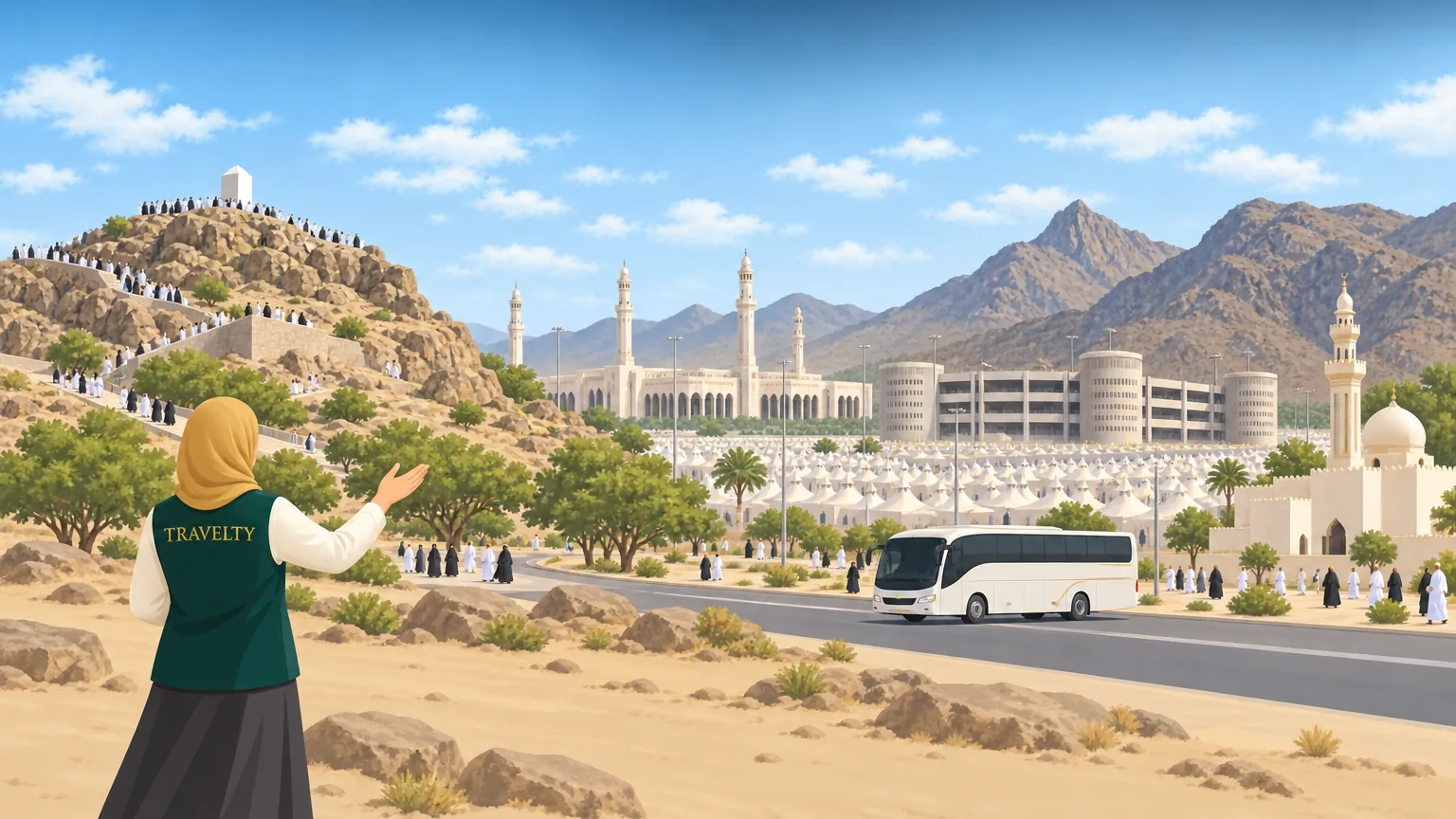 Ilustrasi laluan ziarah manasik: Jabal Rahmah di Arafah, khemah Mina, Jamarat, Jabal Nur, Jabal Thur dan Masjid Ji‘ranah.