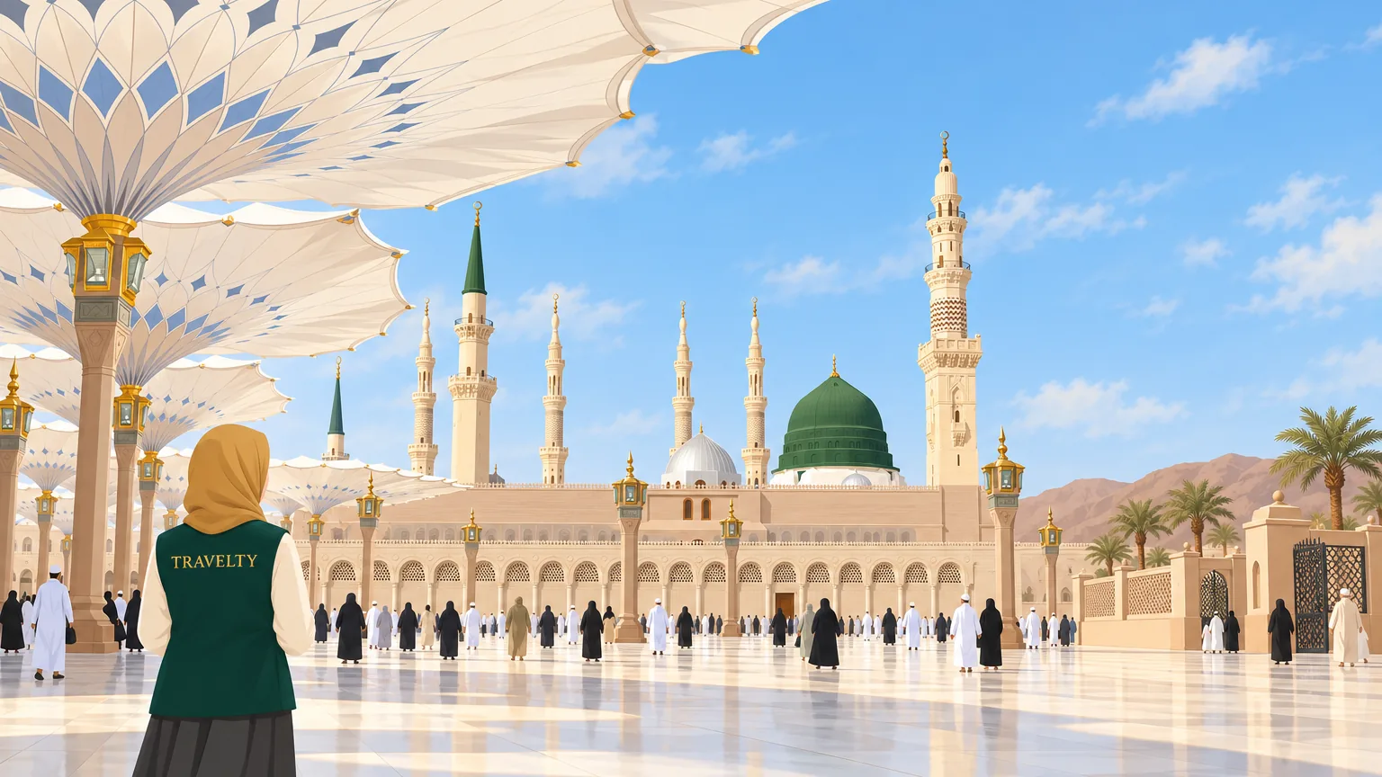 Ilustrasi perkarangan Masjid Nabawi dengan payung gergasi dan kubah hijau.