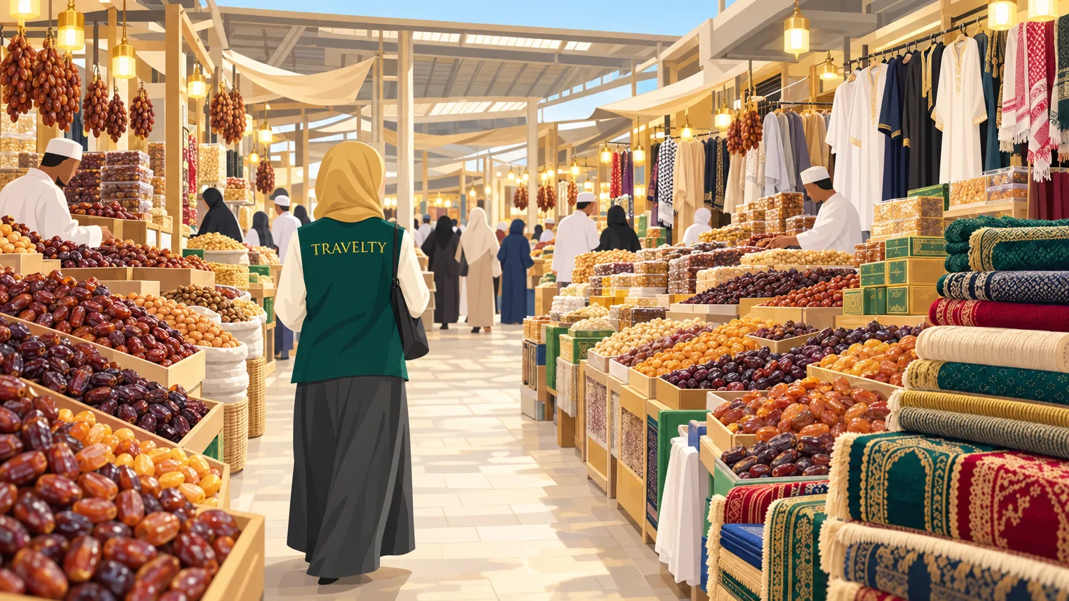 Ilustrasi lorong pasar borong di Makkah penuh dengan kurma, kacang, sejadah dan jubah.