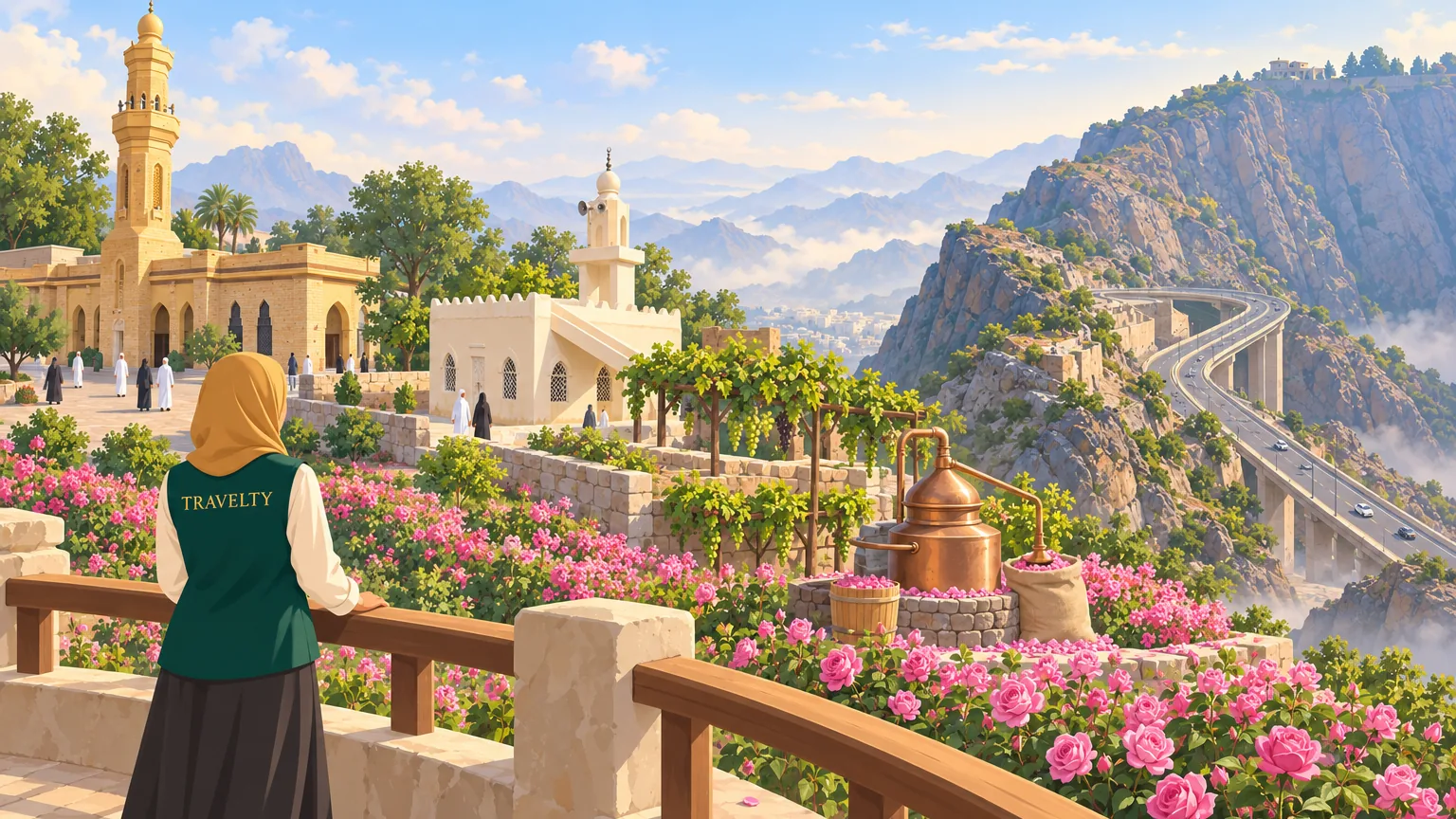 Ilustrasi Taif: Masjid Abdullah ibn Abbas, ladang ros dan jalan berliku Al-Hada.